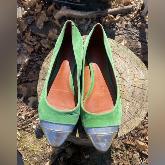 Schutz Cap Toe Flats Women Green Gold Size 9 - Picture 4 of 10